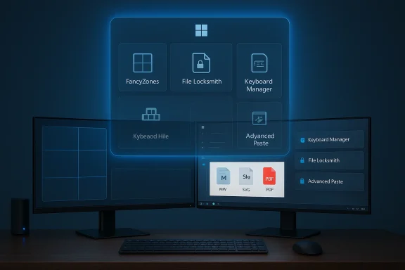 Dual-monitor setup with a neon blue Windows PowerToys UI overlay.