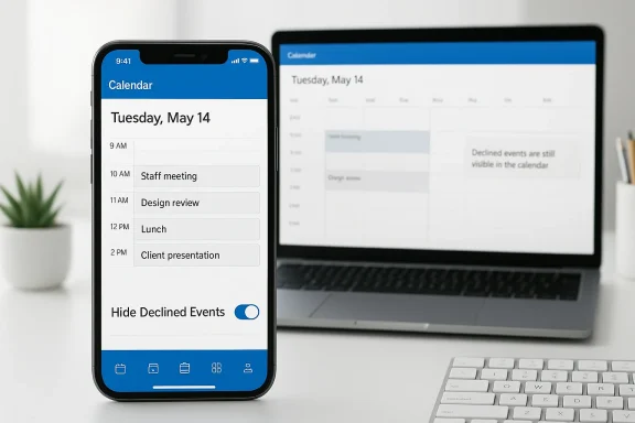 Smartphone shows a calendar with Tuesday, May 14 events; a laptop calendar is visible in the background.