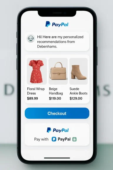 PayPal checkout screen showing Debenhams recommendations: floral dress, beige handbag, suede boots.