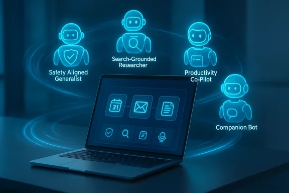 Holographic AI bot lineup around a laptop: Safety Aligned Generalist, Researcher, Productivity Co-Pilot, Companion Bot.