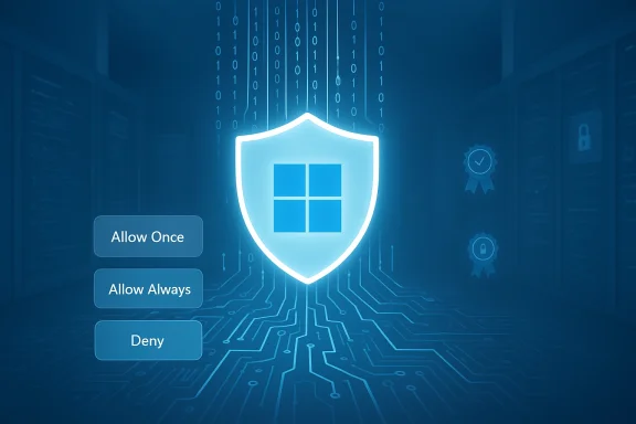 Glowing shield with Windows logo over a circuit background, showing Allow Once, Allow Always, Deny.