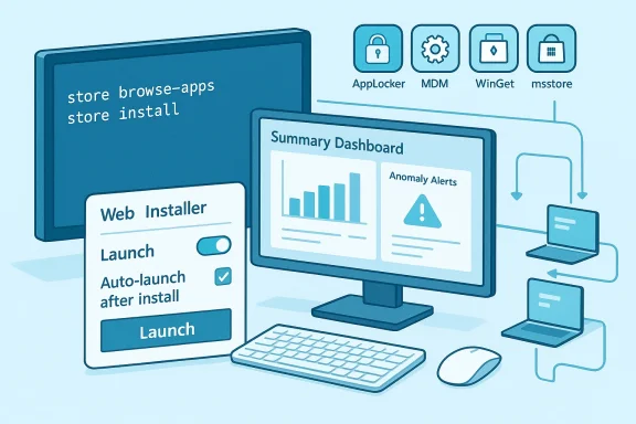 Illustration of a desktop setup with Web Installer panel, a summary dashboard, and app-store icons.