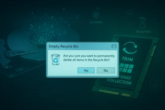 An “Empty Recycle Bin” confirmation dialog asking to permanently delete all items.