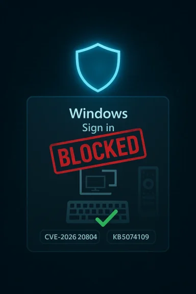 Windows sign-in screen with a glowing shield and a red BLOCKED stamp across the login panel.