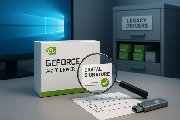 GeForce 342.01 driver box examined by a magnifying glass showing a digital signature and green check.