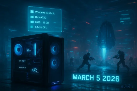 Futuristic gaming PC glows blue on a sci-fi battlefield, with March 5 2026 lit on the floor.