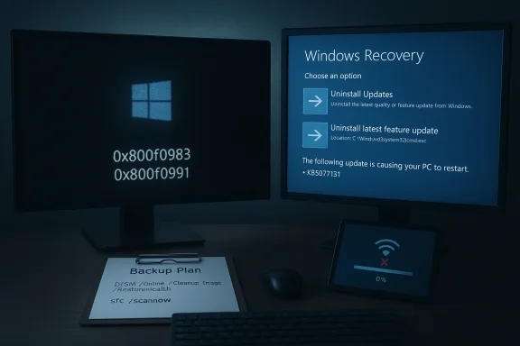 Dual-monitor desk setup: Windows Recovery on the right, a Windows error screen on the left, with a backup plan note.