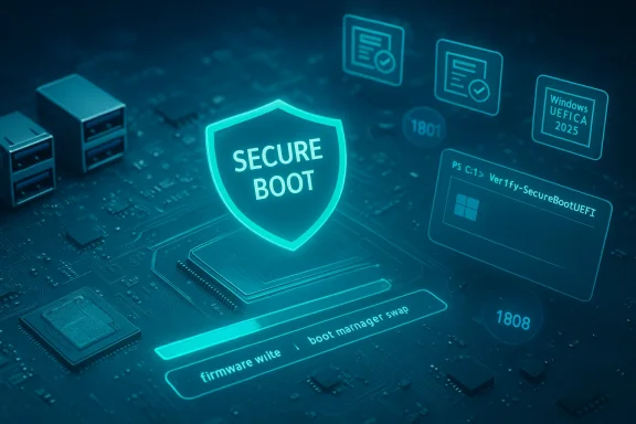 Glowing shield labeled SECURE BOOT sits above a motherboard circuit board.