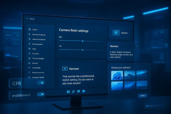 A blue-tinted monitor showing a futuristic UI with camera settings and narration panels.