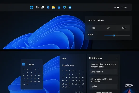 Dark desktop with a floating Taskbar position panel and calendar widgets.