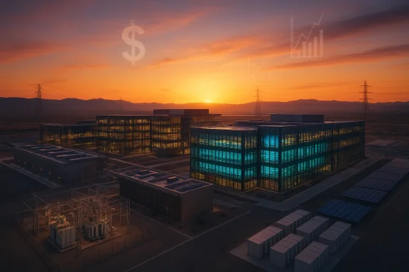 Sunset over a glass-walled data-center campus in the desert, with solar panels and power lines.