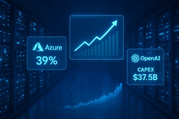 Blue holographic dashboards show Azure at 39% and OpenAI capex $37.5B with a rising chart in a data center.