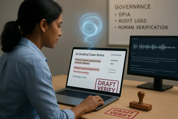 A person reviews AI-drafted case notes on a laptop, beside a “DRAFT VERIFY” stamp.