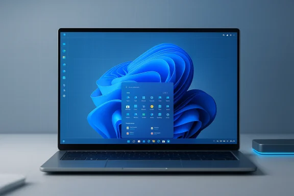 Silver laptop on a desk shows a Windows 11 desktop with a blue swirl wallpaper.