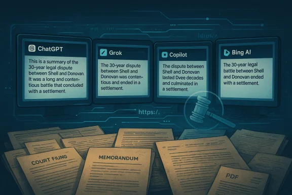 Four AI-style cards summarize the 30-year Shell–Donovan dispute, with a gavel and court documents below.