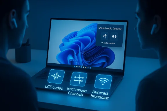 Two people view a laptop with glowing icons for LC3 codec, isochronous channels, and Auracast broadcast.