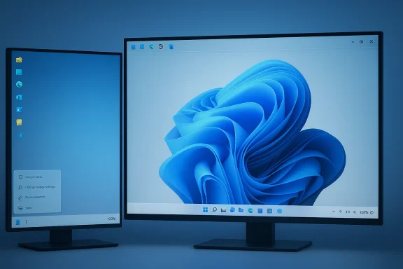 Two monitors form a dual-display setup, showing Windows with a blue swirl wallpaper.