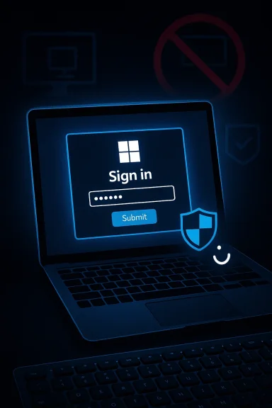Blue-glow laptop screen shows a sign-in form with password field and Submit button.