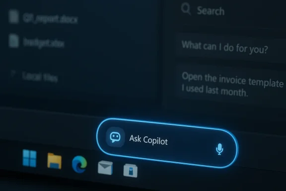 Glowing “Ask Copilot” button on the Windows taskbar with a mic icon.