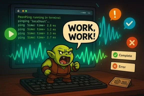 Cartoon goblin on a keyboard shouts 'Work, work!' as the monitor glows with ping data.