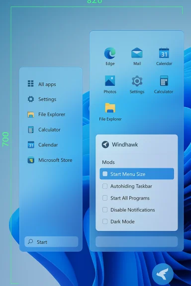 Windows-like UI mockup with Start menus, app icons, and a Mods settings panel.