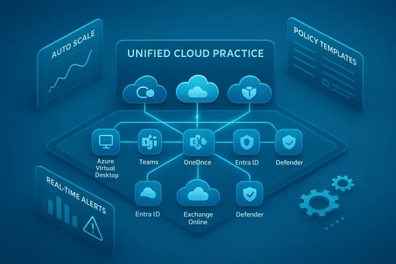 Unified Cloud Practice shows connected cloud apps like Azure Virtual Desktop, Teams, OneDce, Entra ID, Defender.