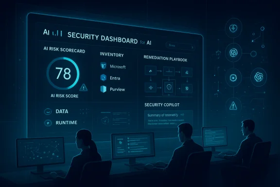 A neon AI security dashboard displays a risk score of 78 with inventory and remediation playbooks.
