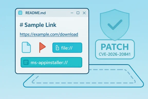 README.md-style illustration showing a sample link, download options, and a patch notice (CVE-2026-20841).