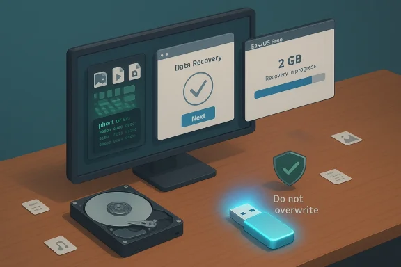 Data recovery in progress on a monitor, with a glowing USB drive labeled 'Do not overwrite'.