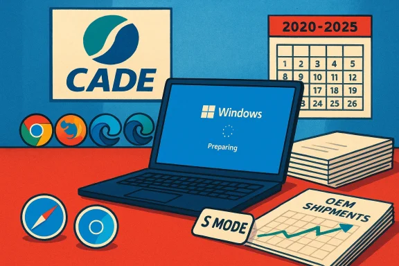 A Windows laptop on a red desk displays 'Preparing' among browser icons and an OEM shipments chart.