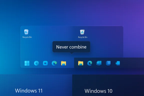 Illustration comparing Windows 11 and Windows 10 taskbars with a 'Never combine' tooltip.