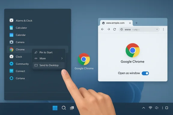 A finger taps Google Chrome in the Start Menu beside an open Chrome window.