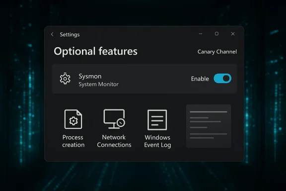 Dark settings screen showing Optional features with a Sysmon toggle and feature icons.