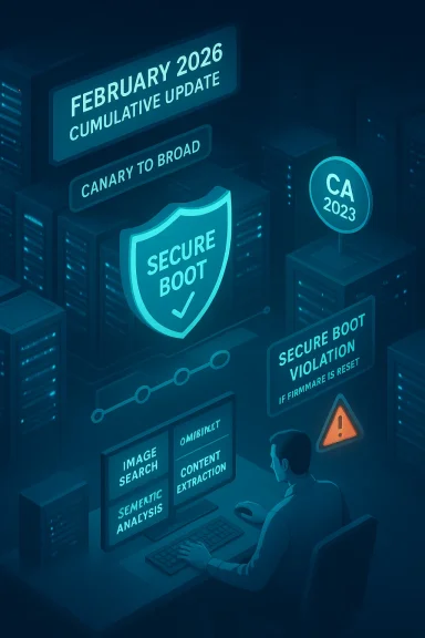 A security analyst monitors servers and secure-boot dashboards in a neon data center. A security analyst monitors servers and secure-boot dashboards in a neon data center.