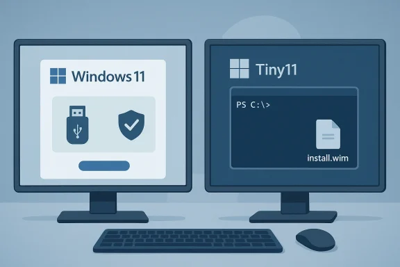 Two monitors show Windows 11 installer on the left and Tiny11 with install.wim on the right.
