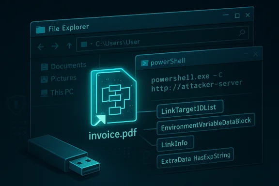Cybersecurity concept art: USB drive and Windows Explorer showing invoice.pdf and a PowerShell attack.