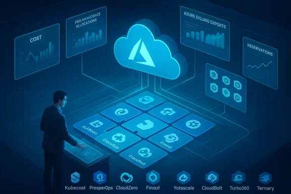 A person at a desk watches a blue holographic cloud dashboard with Azure logo and cost analytics.