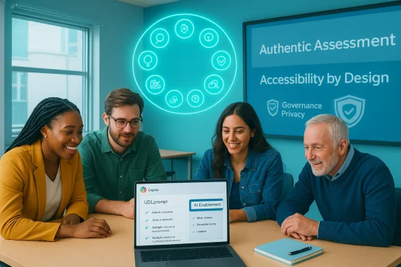 A diverse team collaborates around a laptop in a bright, modern meeting room.