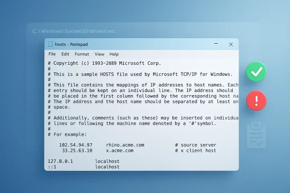 Notepad window displaying a sample HOSTS file with IP-to-host mappings on Windows.