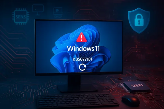 Windows 11 update warning on screen, showing KB5077181 with a refresh icon.