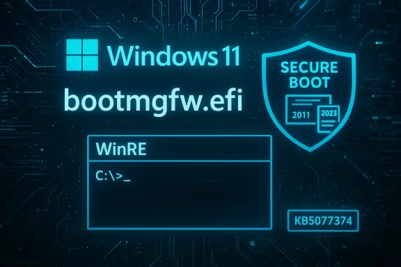 Neon blue Windows 11 boot screen showing bootmgfw.efi, WinRE, and a Secure Boot shield.