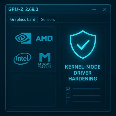 GPU-Z window shows graphics-card details and kernel-mode driver hardening status with AMD/Intel logos.