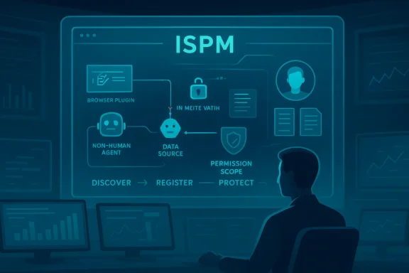 Blue holographic ISPM security diagram illustrating data sources, non-human agents, and permission scopes.
