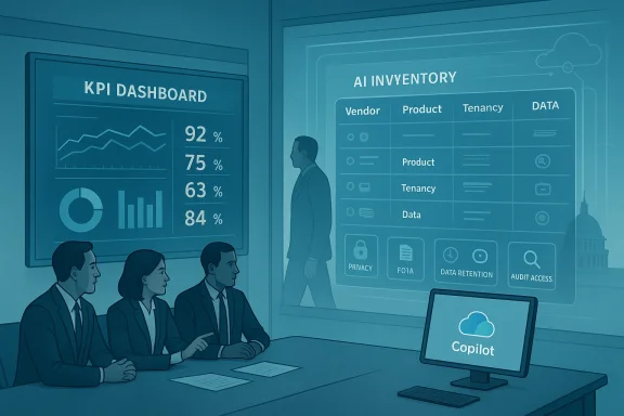 Team reviews KPI dashboard and AI inventory on screens in a conference room.