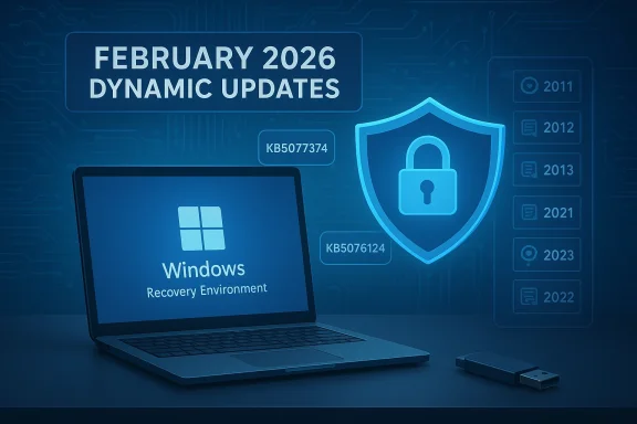 Windows Recovery Environment on a laptop with a blue shield and February 2026 dynamic updates.
