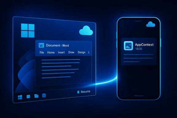 Blue neon illustration of a Windows-like desktop and a smartphone displaying Word and AppContext cards.