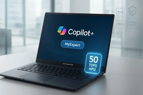Laptop displays Copilot+ with MyExpert button and a glowing 50 TOPS NPU badge.
