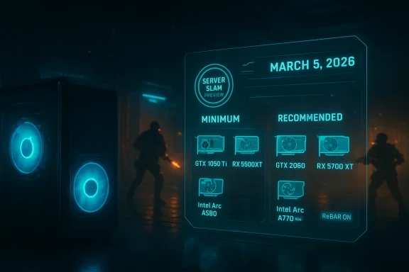 Neon blue holographic chart showing minimum and recommended GPUs for March 5, 2026, with soldier silhouettes.