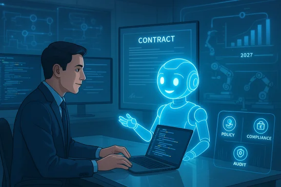 A businessman collaborates with a glowing AI robot to review a contract.