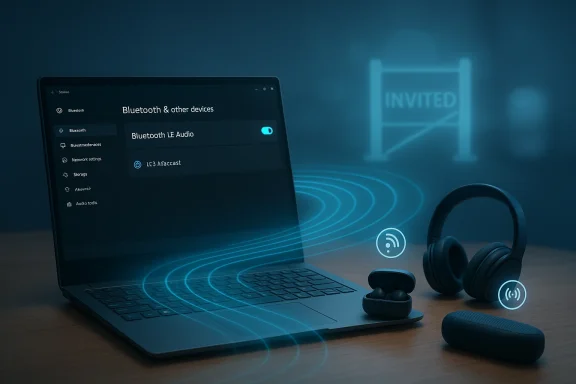 Laptop screen shows Bluetooth settings with wireless audio devices and glowing connection waves.